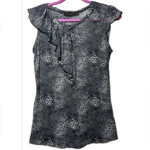 The Limited Sheer Sleeveless Top Grey‎ & Black Print, Ruffle Detail, - M - NWOT